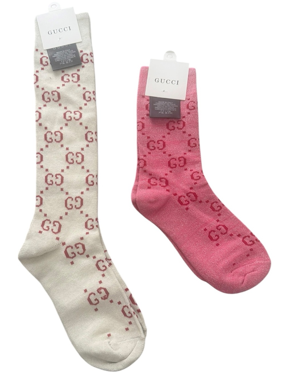 2 Pair Gucci Outlet GG Monogram Socks. 1 Knee High & 1 Crew— Pink & Gray